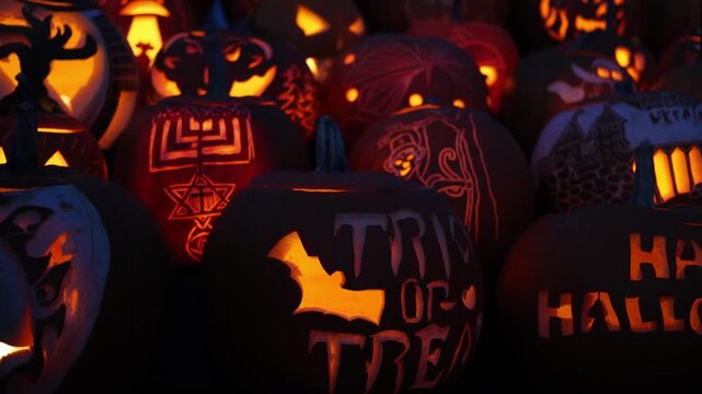 Row of glowing jack-o'-lantern carved pumpkins illuminated in dark autumn night