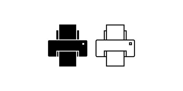 Computer paper printer filled and line icon collection for office work.