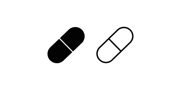 Medicine capsule pill icons in solid and linear styles for health pharmacy.