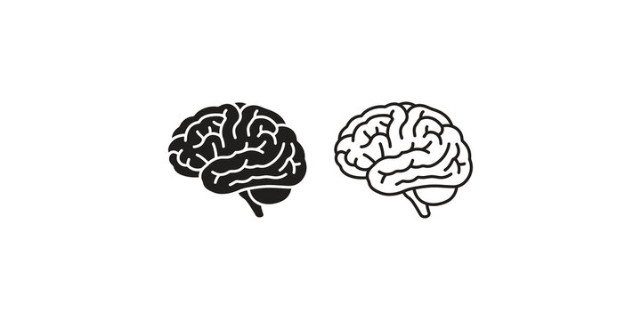 Human brain anatomy icon set with detailed silhouette and outline design.