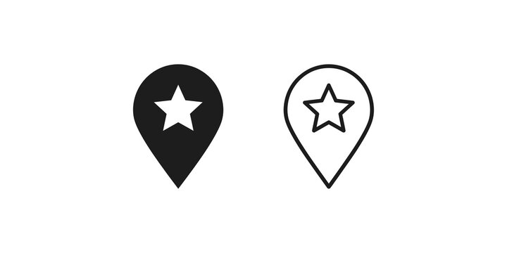 Map pin pointer with star vector shapes solid and linear styles for location.