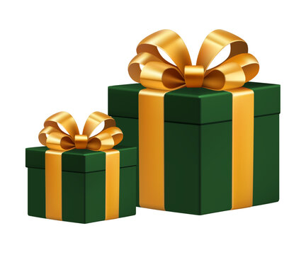 Luxury dark green gift boxes with gold ribbon bow isolated on transparent background