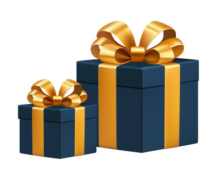 Luxury navy blue gift boxes with gold ribbon bow isolated on transparent background