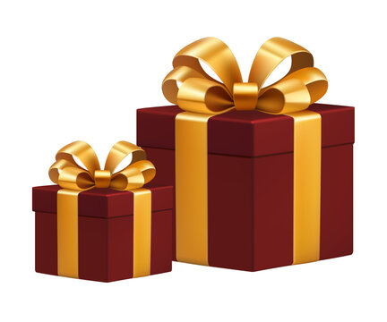 Luxury burgundy red gift boxes with gold ribbon bow isolated on transparent background