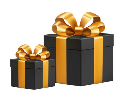 Luxury black gift boxes with gold ribbon bow isolated on transparent background