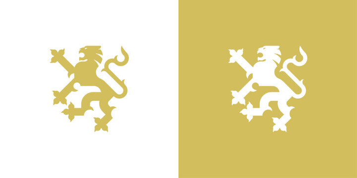 Heraldic lion logo. Stylized rampant lion emblem for coats of arms, heraldry and royal identity.