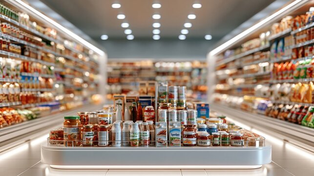 Abundant supermarket aisle display showcasing a wide variety of packaged food products and groceries