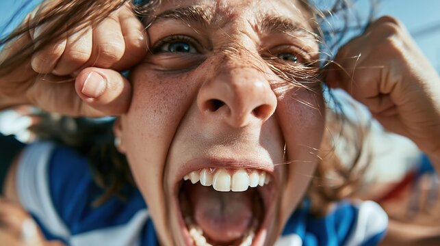 Close-up extreme face of a young woman screaming in frustration or excitement, hands clenching hair