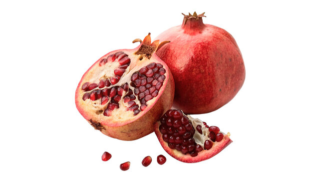 Fresh whole and halved ripe red pomegranate fruits juicy seeds, isolated on transparent background.