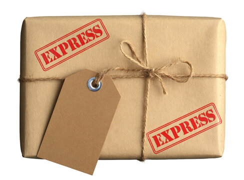 Brown Paper Parcel with Twine and Red Express Stamps