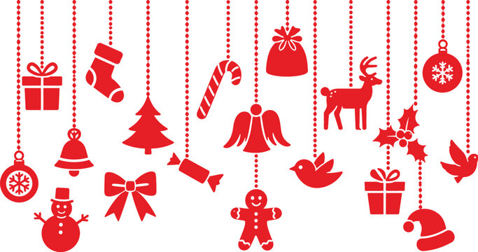 Red Christmas Hanging Ornaments Set with Reindeer, Snowman, Angel, and Gift Boxes. Festive Holiday Vector Illustration Background for Winter Celebration and Greeting Cards.