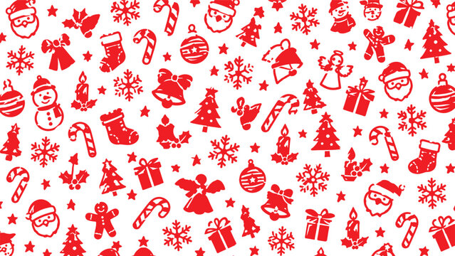 Festive Red Christmas Pattern with Santa Claus, Snowflakes, Candy Canes, and Holiday Icons on White Background. Perfect for Winter Season Greetings and Wrapping Paper Design Vector Illustration.