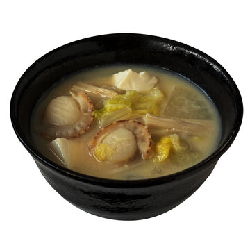 初雪汁 1杯の切り抜き。ホタテや豆腐、白菜が入った青森県の学校給食の温かい汁物フード素材 俯瞰