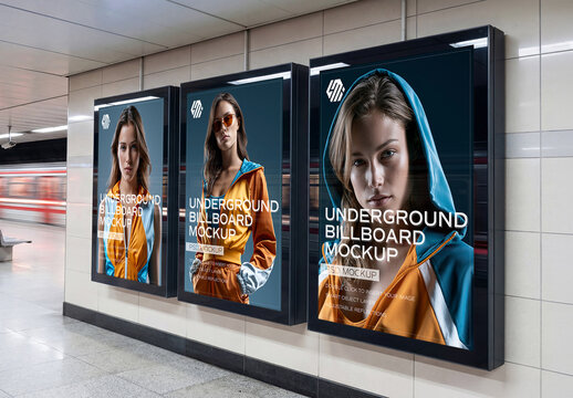 Three Billboard Screens on White Subway Wall Mockup