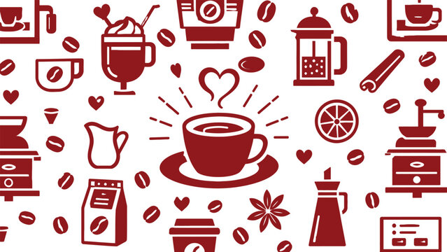 Creative Coffee Icon Vector Set with Espresso Cups, Roasted Beans, French Press, Grinder, and Aromatic Spices; Flat Maroon Illustrations Perfect for Cafe Branding and Menu Design Projects