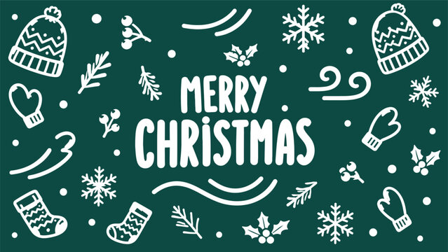 Festive Merry Christmas Green Background with White Hand-Drawn Winter Doodles of Snowflakes, Hats, and Mittens. Ideal for Holiday Invitations, Social Media Posts, and Greeting Cards.