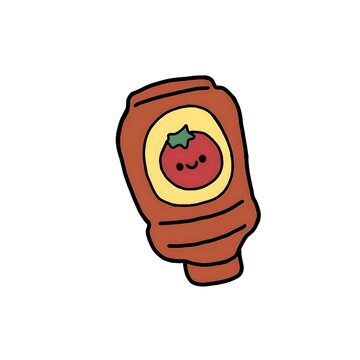 Cute hand drawn ketchup bottle vector illustration with a smiling tomato character logo, simple doodle style sauce squeeze bottle isolated on white background.