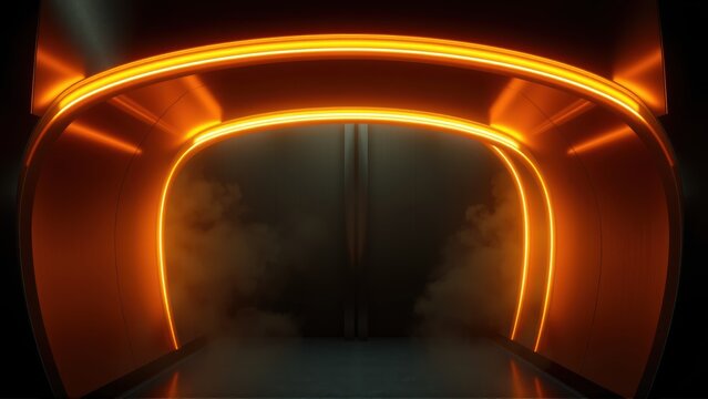 Futuristic tunnel glows warmly. Dramatic lighting creates depth, hinting distant destination. Minimalist design emphasizes curvature, darkness.