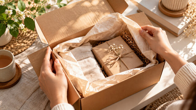 Hands opening eco-friendly gift box with wrapped present and decorative dried flowers inside, sustainable packaging perfect for special occasions