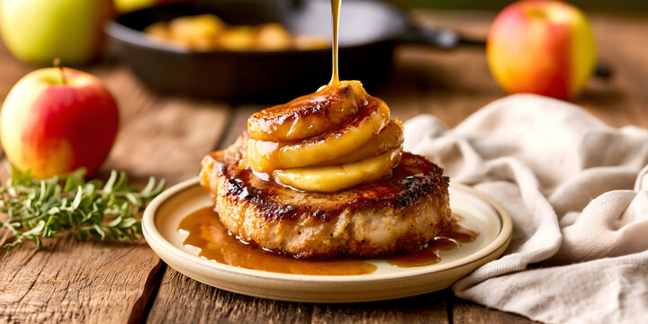 Creative food template. Glossy miso pan sauce dripping on barbecue pork chop with caramelised apple fruit slices on rustic wooden table and linen cloth. copy text space.