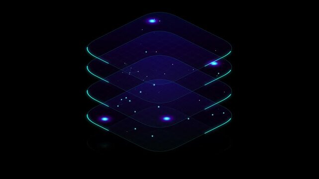 Futuristic data storage layers with glowing particles, isometric digital server architecture, blue neon technology background for cloud computing