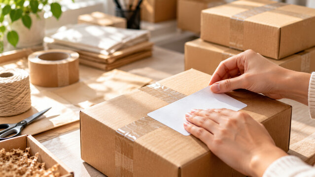 Person labeling cardboard boxes for shipping or storage with packing supplies on a table in a bright room, perfect for ecommerce packaging