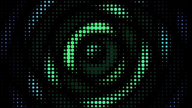 Green halftone circle pattern, retro digital ripple background, pulsating concentric dot animation for technology and music visuals