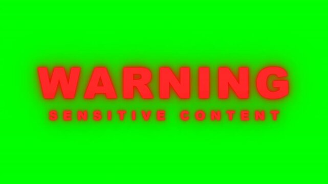 Six variations of warning sensitive content text alerts featuring red glow and dark fonts on a chroma key green background. Ideal for video editing and content moderation overlays.