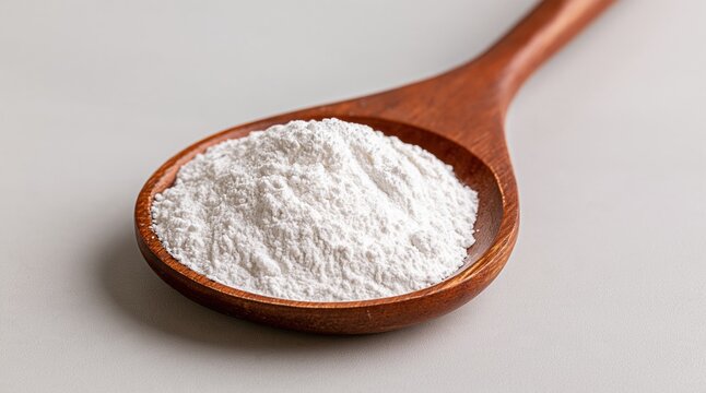 Close-up of fine white powder on a wooden spoon, representing baking soda, flour, or cornstarch for culinary and cleaning uses
