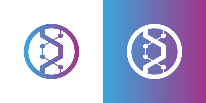 Tech dna logo. Abstract geometric helix symbol combining molecular structure, blockchain and digital technology.
