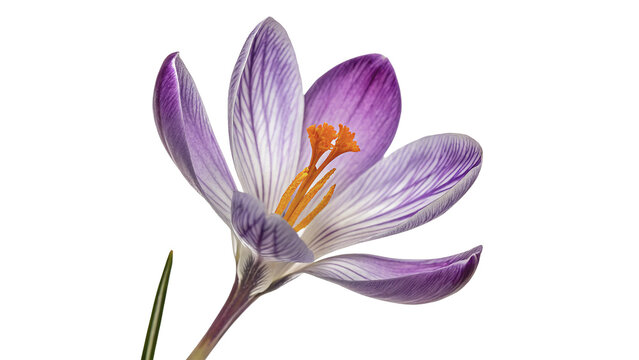 Single beautiful purple crocus saffron flower blooming elegant blossom isolated on white background