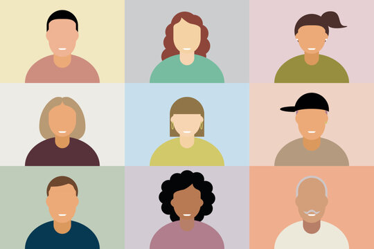 Diverse people in virtual meeting grid illustration for digital community communication