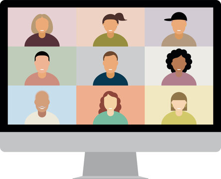 Inclusive online classroom on desktop computer with diverse participant portrait illustration