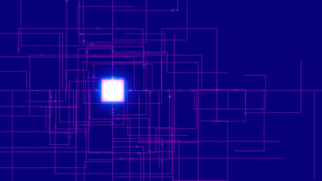 Futuristic digital network background, glowing purple circuit lines with white light core, abstract technology data flow animation