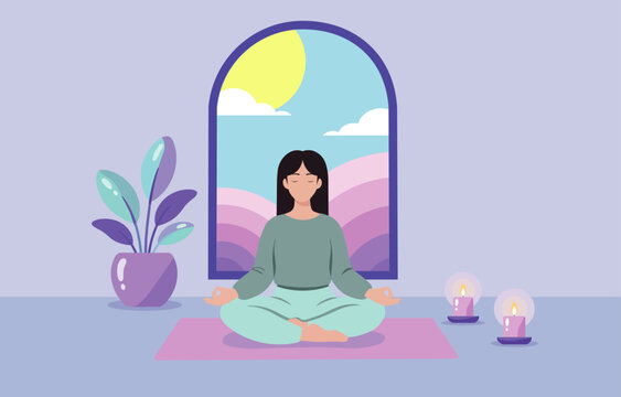 Woman meditating in tranquil home yoga studio with mountain view illustration