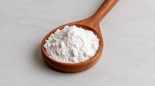 Close-up view of fine white powder ingredient on a wooden spoon, perfect for baking and culinary uses