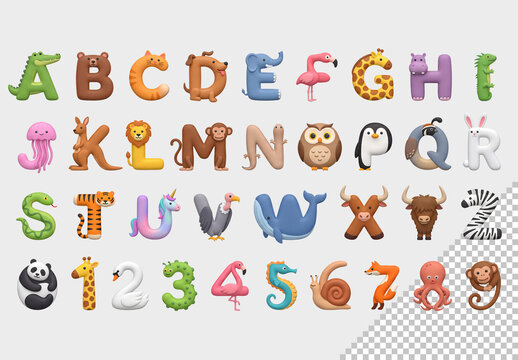 Cute 3D Style Animal Alphabet and Numbers - Adorable Character Collection