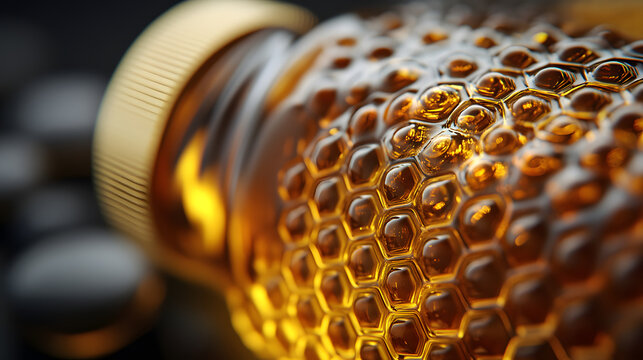 A luxurious close-up of a honey bottle featuring a honeycomb texture, glowing amber liquid, and golden cap against a dark blurred background, highlighting glossy elements.