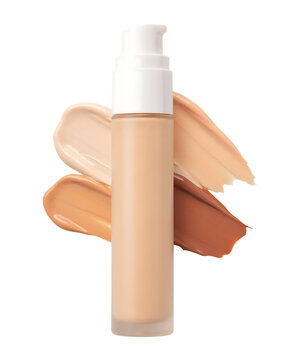 Liquid foundation bottle with three different skin tone shade swatches face makeup beauty product personal care artist white background phot