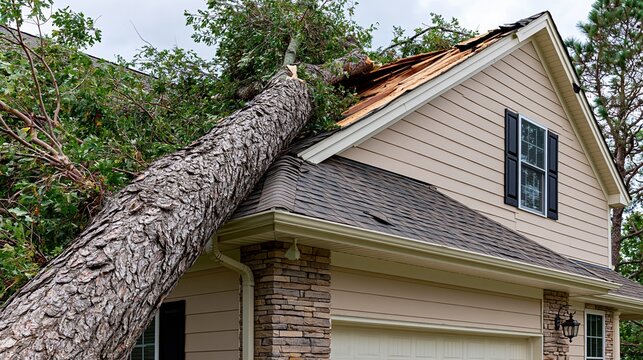 Large tree fallen onto residential house roof causing significant damage after storm