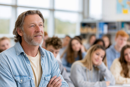 Man smiles softly, arms crossed, in classroom setting. Students sit attentively behind him, focused on lesson. Bright windows let natural light fill the room. He appears calm, wise