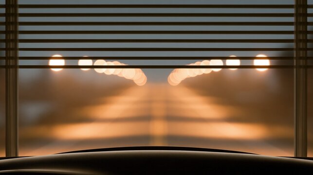 View of oncoming car headlights through window blinds at dusk, creating a mysterious and atmospheric scene.