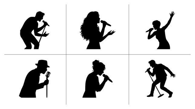 Singer silhouettes set with diverse performers holding microphones for music and entertainment logos