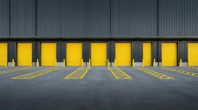 Modern commercial warehouse with bright yellow shipping bays and ground line markings.