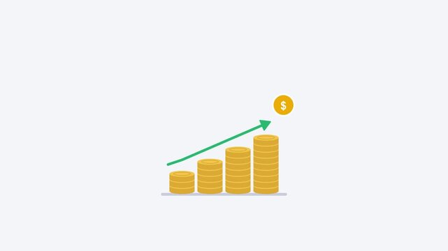 Money growth coin stacks with rising arrow flat animation loop