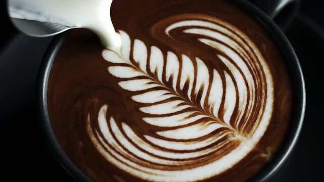 Barista Pouring Latte Art Rosetta in Top Down Macro