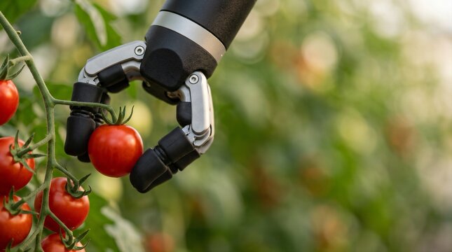 Close up of automated robotic manipulator gripper picking ripe red cherry tomato on branch in greenhouse