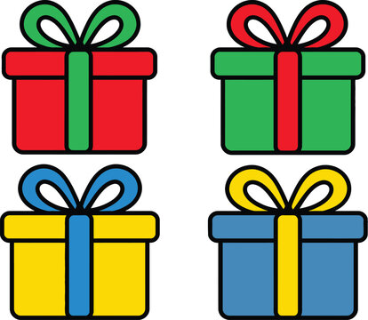 Set of Colorful Gift Box Icons for Holidays and Celebrations, Minimalist Flat Vector Illustration of Presents with Bows, Ideal for Christmas, Birthday, Anniversary, and Party Designs