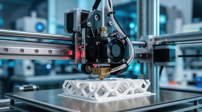High-tech 3D printer head creating a complex object through additive manufacturing.