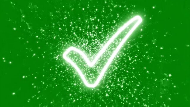 Animated glowing white neon checkmark tick sign drawing and bursting with magical spark particles isolated on a green screen chroma key background